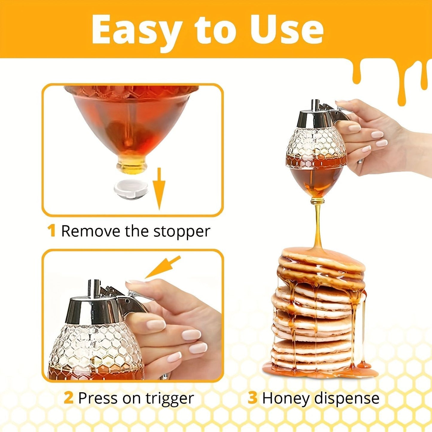 1pc Honey Dispenser, No Drip Maple Syrup Dispenser, Honey Comb Shaped Honey Pot, Honey Jar With Storage Stand, 8oz Capacity