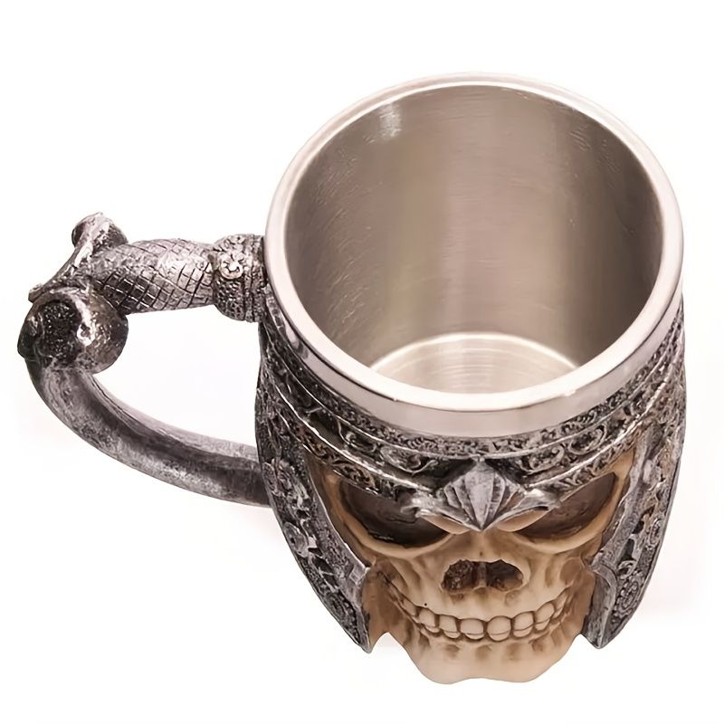 1pc Skull Knight Mug; Stainless Steel Viking Skull Mug; Creative Skeleton Beer Mug; Metal Skull Coffee Mug; Funny Gift; Home Kitchen Supplies