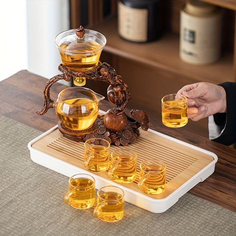 1 Set Lazy Tea Set; Magnetic Water Diversion Rotating Cover Bowl; Tea Maker; Automatic Glass Teapot; Tea Canister; Tea Cups; Tea Pet; Tea Tray; Chinese Kung Fu Tea Set