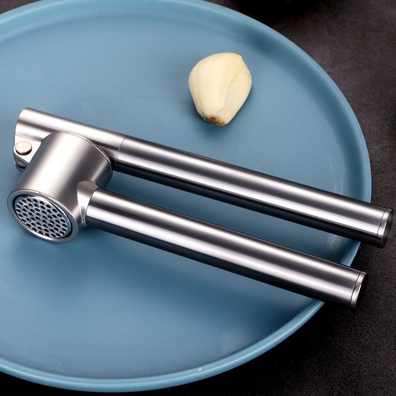 Kitchen Garlic Press with Soft;  Easy to Squeeze Ergonomic Handle - Garlic Mincer Tool with Sturdy Design Extracts More Garlic Paste - Easy to Clean Garlic Crusher and Ginger Press (Silver)