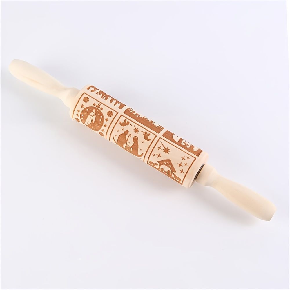 1pc Embossing Rolling Pin Christmas Pattern Xmas Wooden 3D Engraved Nativity With Jesus 9 Different Pattern Design For Baking Cookies